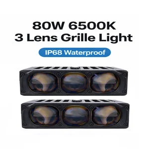80W 6500K 3 Lens LED Car Grille Lights Bi Led Projector Lens DC12V Auxiliary High Low Beam Car Grille Lights