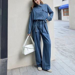 Wholesale Custom Women Pleated High Waist Knitted Denim Straight Pants Simple Regular Fit Vintage Blue Casual Spring Summer