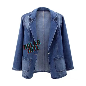 Customizable Women's Denim Motorcycle Jacket Blazer Quick Dry Breathable Cotton Lining Detachable Collar Sleeves