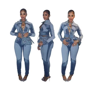 Maining New Fall Stretch Denim Patchwork Two Pieces Pants Set With Denim Jacket and High Waist Jeans Denim Pants
