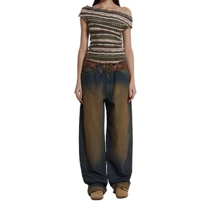 High-Quality Custom Loose-Fit Monkey Wash Wide Leg Women's Denim Jeans With Unique Vintage Style