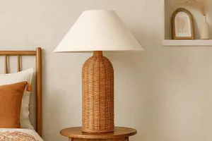 Bamboo Rattan Table Lamp Woven Fabric Shade Modern Bedside Desk Light for Bedroom Living Room