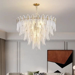 Modern High-End Crystal Glass Chandelier Light Luxury Feather Lamp for Hotel Villa Dining Room Living Room Simple Design Middle