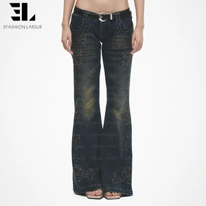 LARSUR Custom Denim Factory Premium Rhinestone Jewelry Studded Flare Pants Distressed Vintage Wash Slim Fit Bootcut Jeans Women