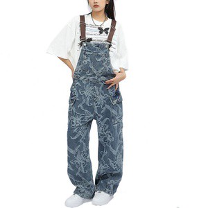 Custom Womens Denim Overall Jumpsuit Ladies All Over Print Denim Jumpsuit Women