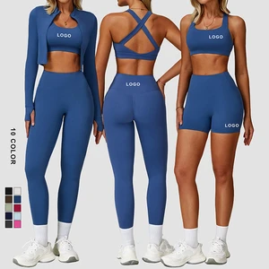 Wholesale Private Label Fitness Clothing Women Gym Sport Wear Butt Lift Yoga Leggings Women Long Sleeve 4 Piece Workout Sets