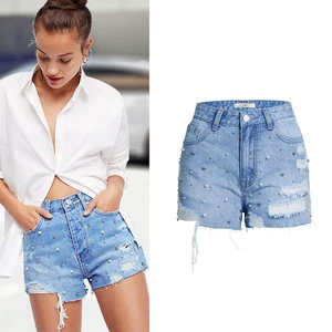Custom Cropped Rhinestone Ripped High Waist Women's Denim Shorts Wholesale
