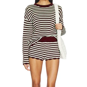 Women's Windproof Breathable Spring Striped Knit Matching Set Long Sleeve Top and Scalloped Hem Shorts Casual Loungewear OEM