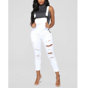 Custom Denim Women's Work Overalls White Plus Size Rompers and Jumpsuit Distressed Skinny Jeans Pants