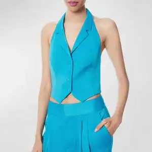 Women's Vintage Cotton Button Waistcoat Jacket Tailored Halter Turn-down Collar V-Neck Plus Size Short Cropped Sleeveless
