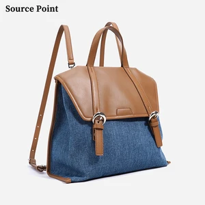 Korean Leisure Shoulder Bag Denim Large Capacity Backpack For Women Commuting Work Cowhide Denim Patchwork Outdoor Back Pack
