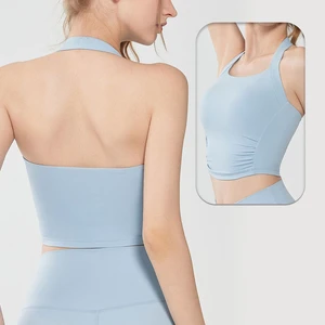 Crew Neck Breathable Lightweight Seamless Sports Bra Side Smoothing Backless Yoga Tank Top Front Logo Shockproof Crop