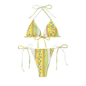 Fashion Crew Neck High Cut Print Front Swimwear Beachwear Bikini Set Wholesale Custom Solid Color Striped 2-Piece Swimwear Set