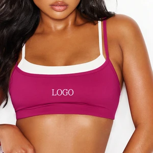 Newest Women Activewear Custom Logo Double Layer Contrast Square Neck Workout Yoga Bra Buttery Soft High Stretch Sports Bra
