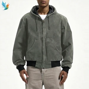 Custom Distress Wash Faded Heavy Canvas Hood Work Jacket Quilted Lined Worker Detroit Carpenter Men Jacket