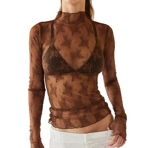 Hesayep Wholesale Clothing in Bulk Long Sleeve Crocheted Mesh Top Mock Neck Sheer Blouse Floral Lace Cheap XL Women Shirts