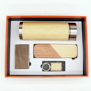 Wholesale Bamboo Wood Gift Set Eco-Friendly Bamboo Vacuum Cup Speaker Card Holder Keychain LED Clock Pen Holder And Pen Set Gift