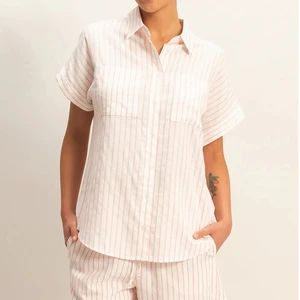 Women's Casual Tops Blouse Turn Collar Breathable Weaved Pink & White Stripe Short-Sleeve Button-Up Shirt for Autumn Spring