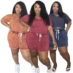 Summer Plus Size Women's Clothing High Elastic Short Sleeve V Neck Top Tether Casual Shorts Set