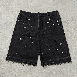 EIDEO OEM ODM Custom Summer Vintage Street Wear Heavyweight Denim Shorts Manufacturers Men's Baggy Denim Shorts Rhinestone Jorts