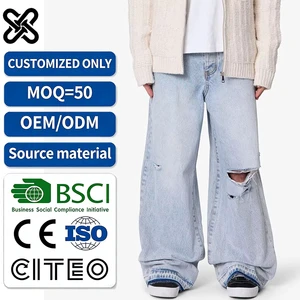 Custom Light-wash Men Denim Jeans High Quality Distressed Hem Baggy Jeans