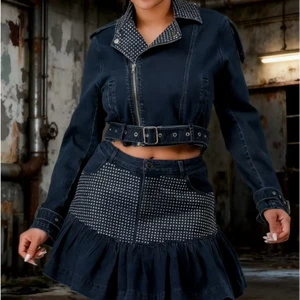 Women's Autumn Solid Pattern Knee Woven Denim Skirt Suit Blazer Belt Ruffled Casual Party Shopping Night Button Zipper One Set