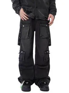 Custom Men's Hip Hop Big Pocket Cargo Denim Jeans Acid Wash Baggy Oversized Heavyweight Straight Leg Trousers Patchwork Pattern