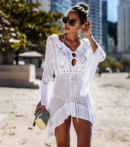 7 Colors Polyester Mesh Crochet Bikini Cover up Dress Swimsuit Cover up Mini Crochet Dress Knitted Beach Cover Ups for Women