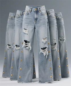 Trendy Hole Denim Pants for Women High-waist Straight Leg Trousers 2025 Trousers Street Style Casual Plus Size Women's Jeans
