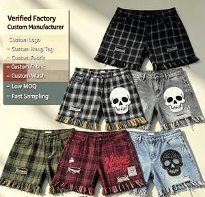 Custom Summer Flannel Shorts Streetwear Jorts Denim Shorts Skull Embroidery Plaid Print Tassel Vintage Hip Hop Men's Shorts