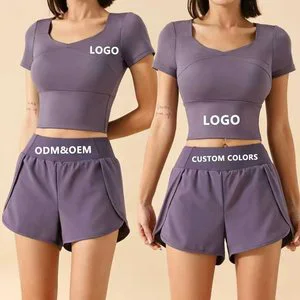 Women Yoga Set 2 Piece V-Neck Short Sleeve Crop Top and High Waist Running Shorts Gym Fitness Workout Clothing Activewear