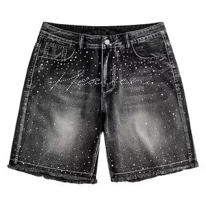 High Street Style Men Denim Rhinestone Shorts Loose Fit Breathable Cotton Casual Summer Men Denim Shorts Custom Sizes