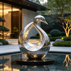 Modern Welded Outdoor Water Feature Hammered Hollow Illuminated Swan Stainless Steel Sculpture Lighted Floor Ornament For Hotel
