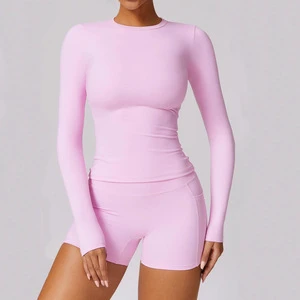 Women's Solid Quick-Dry Yoga Fitness Clothing Outdoor Sports Crew-Neck Long-Sleeve Slim-Fit Pocketed Drawstring Front Shorts Set