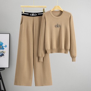 Cross-Border Elegant Casual Women Autumn Winter New Simple Fashion Letter Sweater Wide-Leg Pants Two-Piece Set Trendy 0710