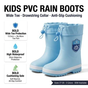 Kids Thick PVC Rain Boots Adjustable Drawstring Waterproof Collar Protective Toe Cap Anti Slip Mid Calf Gumboots For Outdoor