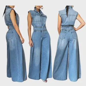 Yuhong Women One Piece Denim Jeans Overalls Sleeveless High Waist Turn Down Collar Wide Leg Long Pants Rompers Denim Jumpsuit