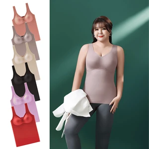 HY Plus Size Seamless Built in Bra Tank Top Non-Removable Padded Wide Strap Soft Strap 3D Molded Cup Smooth Vest for Women