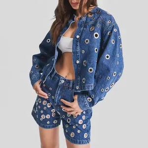 Custom Metal Ring Design Vintage Style 2 Piece Set Women's Denim Jacket & Shorts Set for Autumn Winter Factory Direct Sales