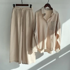 Women's Retro Leisure 2-Piece Set Plus Size Cotton Linen Shirt Suit High Waist Loose Trousers Woven Print Design Knitting Top