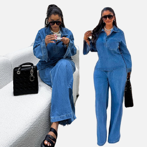 Y6561 Denim Suit for Women Long Sleeve Lapel Pocket Top + Lace up Straight Jeans Set Outfits for Women Denim Set for Ladies