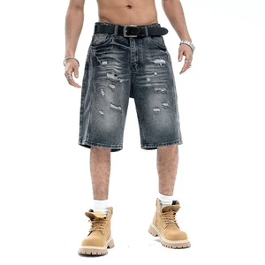 2025 Summer Men Custom Distressed Design Jeans Shorts Vintage Streetwear Printed Logo Black Stone Washed Denim Short Jorts