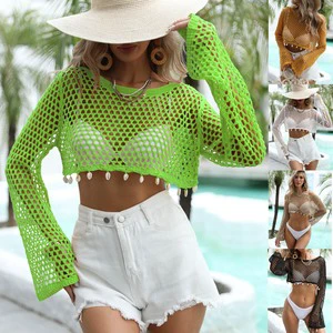Factory Summer Women Casual Long Sleeve Knit Hollow Out Solid Beach Cover Ups Tops with Shells Washable