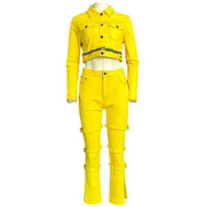 Factory Custom Short Top Denim Suit Women's Casual Raw Edge Jeans Two-piece Set
