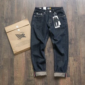 Red-Edged Denim Raw-Color Casual Mens American-Style Loose-Fit Mid Waist Medium Wash Vintage Straight-Leg Slim-Fit Jeans