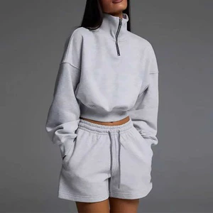 Women's Spring Casual Outfits Breathable Terry Fabric Two-Piece Set Half Zip Sweatshirt and Shorts with Acid Wash Technique