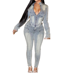 Women's Fall Winter Fashion Denim Jumpsuit Long-Sleeve Zipper Jacket with Skinny Elastic Jean Overall Pants for All Seasons