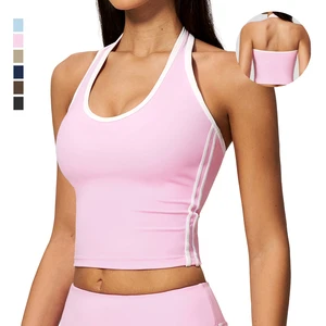 Women Yoga Crop Top Backless Halter Tank Top Contrast Stitch Lightweight Breathable Stretch Quick Dry Women Fitness Workout Top