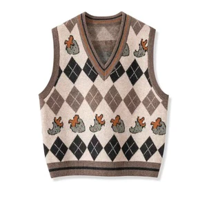Custom Autumn Anti-wrinkle Women Geometric Argyle Crop Top Vest Sweater