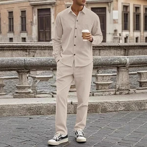 Fashion Men's 2-Piece Suit Casual Button Down Cardigan Long Sleeve and Long Pants Spring Autumn Suit